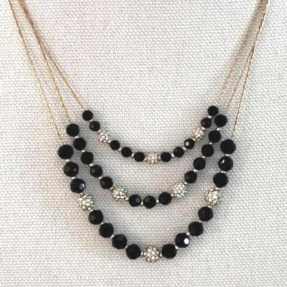 Necklace Anne Klein Gold Tone Black Beaded Crystal Lobster Clasp Layered New
